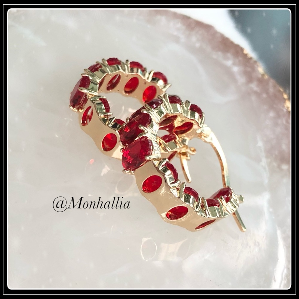 New Deep Red Ruby Stone Gold Round Huggie Earrings - Picture 4 of 6